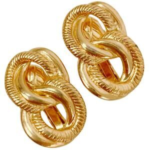 VTG Signed Trifari Clip On Earrings Brilliant Gold Tone Interlocking Rope Loops